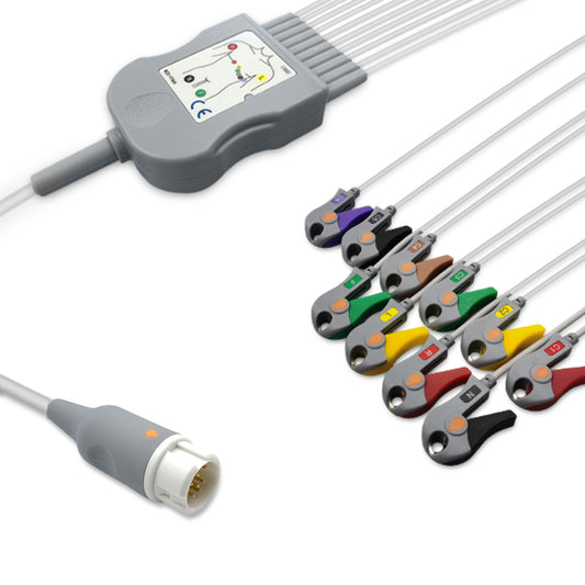 Philips One-Piece ECG Cable, 10 lead, Grabber, 2.5m+mixed 0.9m/1.3m, With Resistance, IEC, Reusable