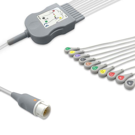 Philips One-Piece ECG Cable, 10 lead, Snap, 2.5m+mixed 0.9m/1.3m, With Resistance, IEC, Reusable