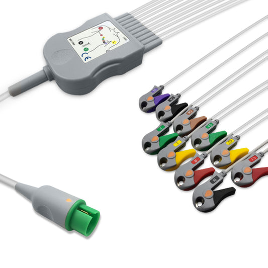 Spacelabs One-Piece ECG Cable, 10 lead, Grabber, 2.5m+mixed 0.9m/1.3m, With Resistance, IEC, Reusable