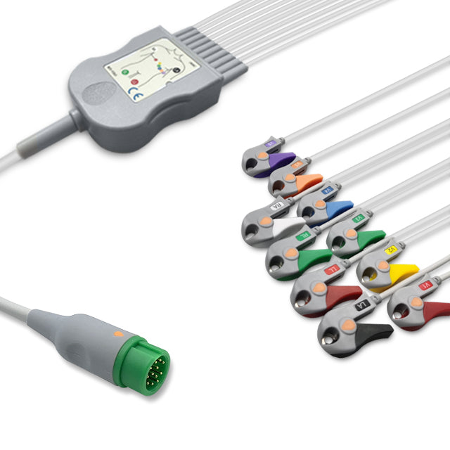 Mindray One-Piece ECG Cable, 10 lead, Grabber, 2.5m+mixed 0.9m/1.3m, With Resistance, AHA, Reusable