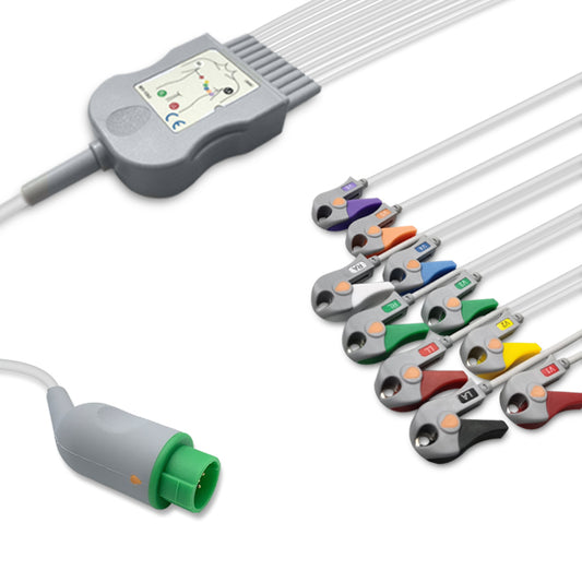 Fukuda Denshi One-Piece ECG Cable, 10 lead, Grabber, 2.5m+mixed 0.9m/1.3m, With Resistance, AHA, Reusable