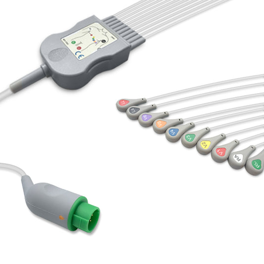 Fukuda Denshi One-Piece ECG Cable, 10 lead, Snap, 2.5m+mixed 0.9m/1.3m, With Resistance, AHA, Reusable