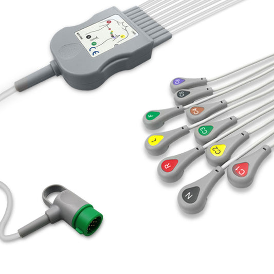 Physio-Control One-Piece ECG Cable, 10 lead, Snap, 2.5m+mixed 0.9m/1.3m, With Resistance, IEC, Reusable