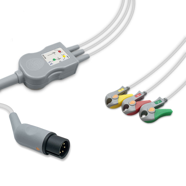 AAMI One-Piece ECG Cable, 3 lead, Grabber, 2.2m+0.9m, With Resistance, IEC, Reusable