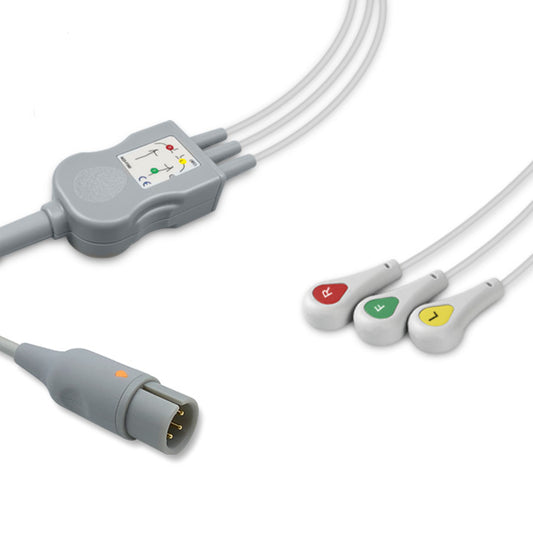 AAMI One-Piece ECG Cable, 3 lead, Snap, 2.5m+1.5m, With Resistance, IEC, Reusable