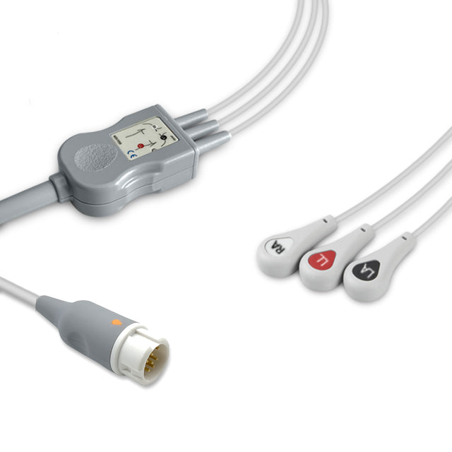 Philips One-Piece ECG Cable M1972A, 3 lead, Snap, 2.5m+1.5m, With Resistance, AHA, Reusable