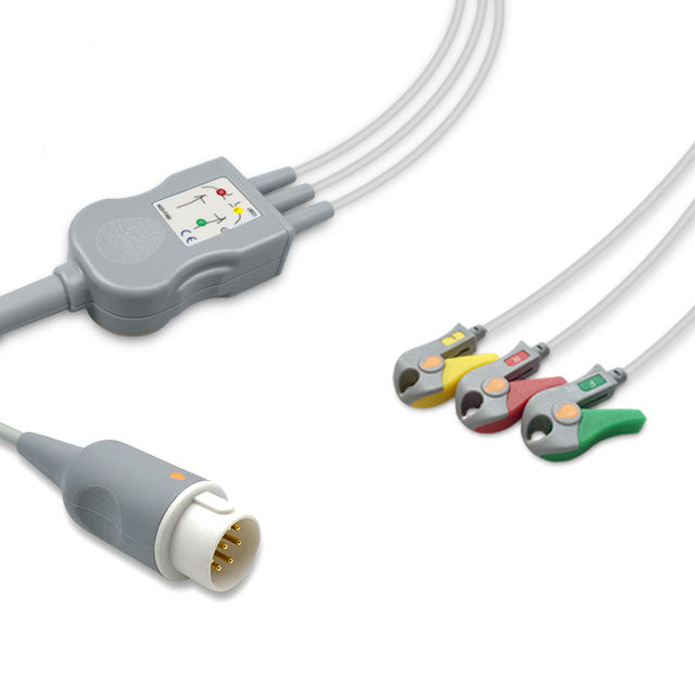 Philips One-Piece ECG Cable, 3 lead, Grabber, 2.5m+1.5m, With Resistance, IEC, Reusable