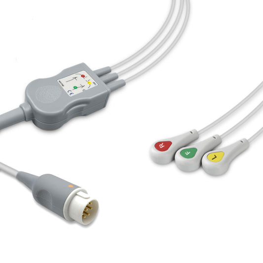 Philips One-Piece ECG Cable M1735A, 3 lead, Snap, 2.5m+1.5m, With Resistance, IEC, Reusable