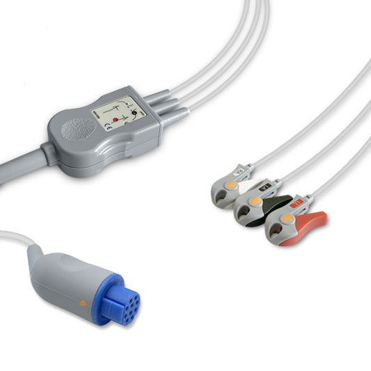 Datex One-Piece ECG Cable, 3 lead, Grabber, 2.5m+1.5m, With Resistance, AHA, Reusable