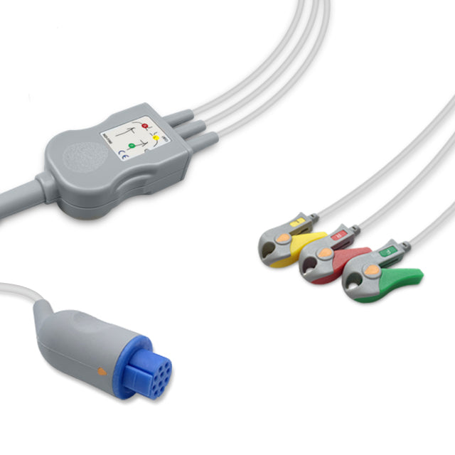 Datex One-Piece ECG Cable, 3 lead, Grabber, 2.5m+1.5m, With Resistance, IEC, Reusable