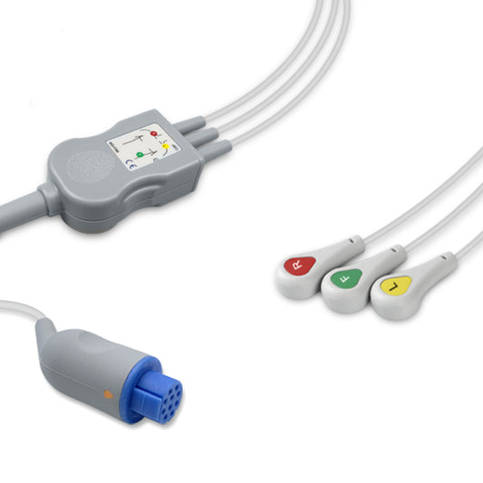 Datex One-Piece ECG Cable, 3 lead, Snap, 2.5m+1.5m, With Resistance, IEC, Reusable