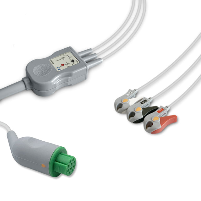 Datex One-Piece ECG Cable, 3 lead, Grabber, 2.5m+1.5m, AHA, Reusable