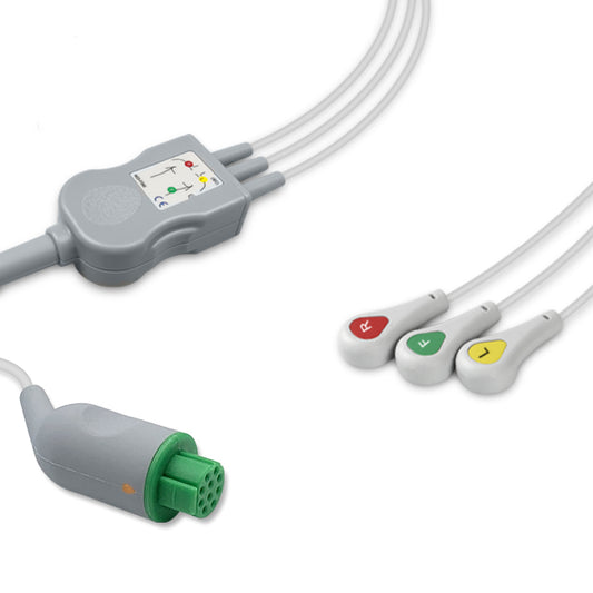 Datex One-Piece ECG Cable, 3 lead, Snap, 2.5m+1.5m, IEC, Reusable