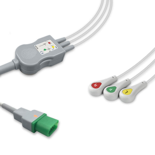 Datascope One-Piece ECG Cable, 3 lead, Snap, 2.5m+1.5m, With Resistance, IEC, Reusable