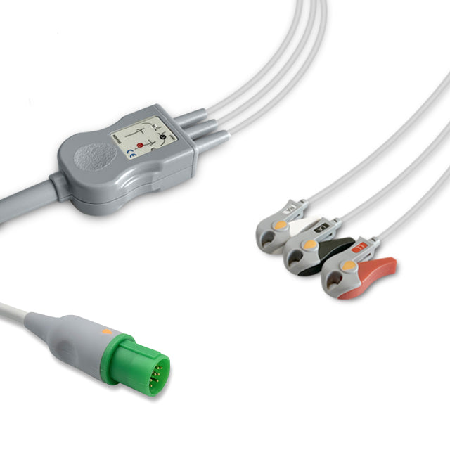 Hellige One-Piece ECG Cable, 3 lead, Grabber, 2.5m+1.5m, With Resistance, AHA, Reusable