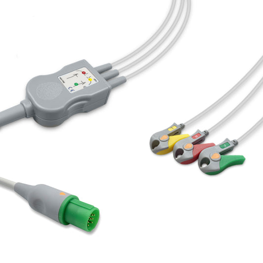 Hellige One-Piece ECG Cable, 3 lead, Grabber, 2.5m+1.5m, With Resistance, IEC, Reusable