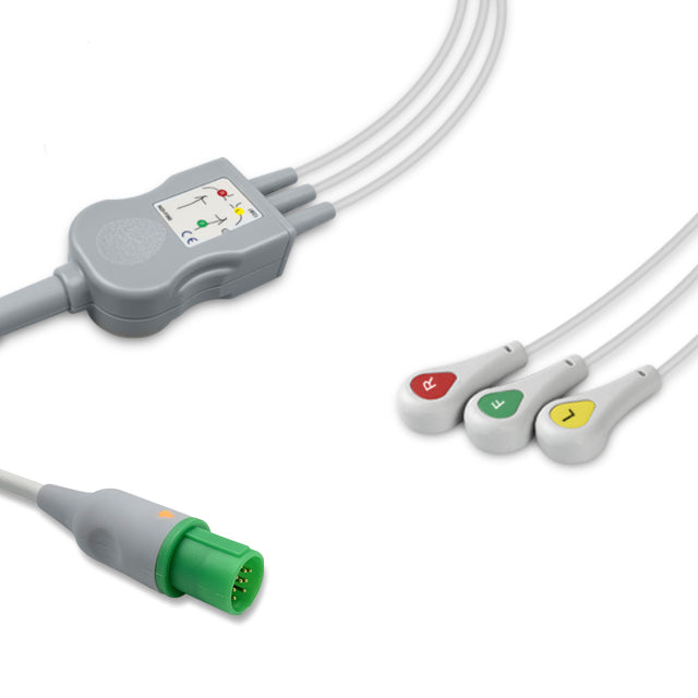 Hellige One-Piece ECG Cable, 3 lead, Snap, 2.5m+1.5m, With Resistance, IEC, Reusable