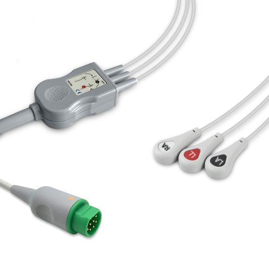 Siemens One-Piece ECG Cable, 3 lead, Snap, 2.5m+1.5m, AHA, Reusable