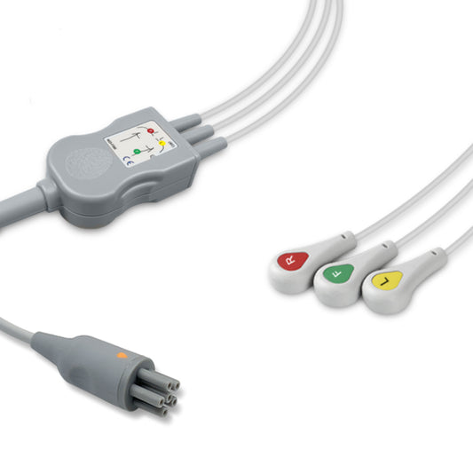 Colin One-Piece ECG Cable, 3 lead, Snap, 2.5m+1.5m, IEC, Reusable