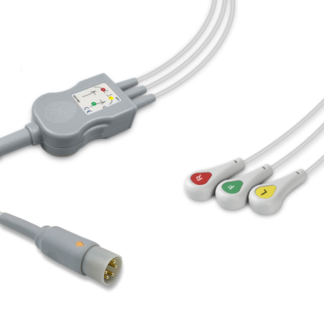 CAS Med One-Piece ECG Cable, 3 lead, Snap, 2.5m+1.5m, IEC, Reusable