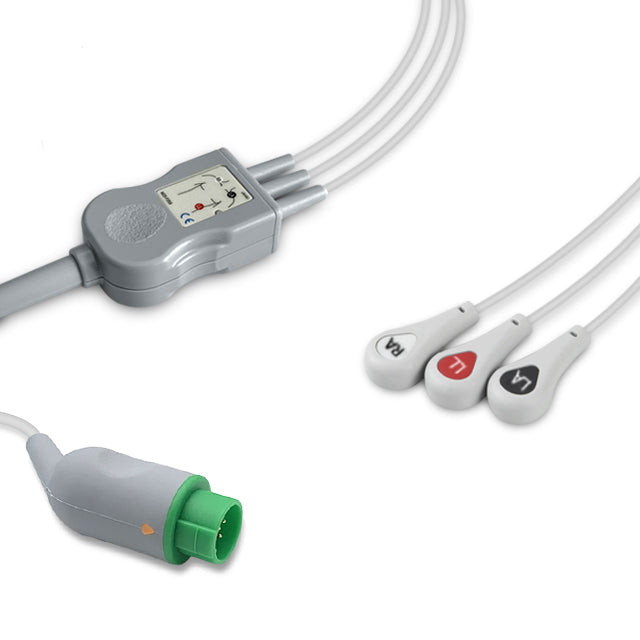 Emtel One-Piece ECG Cable, 3 lead, Snap, 2.5m+1.5m, With Resistance, AHA, Reusable