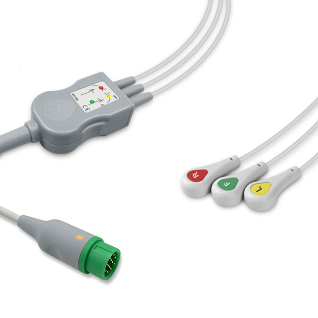 One-Piece ECG Cable, 3 lead, Snap, 2.5m+1.5m, With Resistance, IEC, Reusable