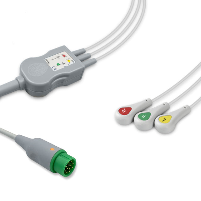 Infinium One-Piece ECG Cable, 3 lead, Snap, 2.5m+1.5m, With Resistance, IEC, Reusable