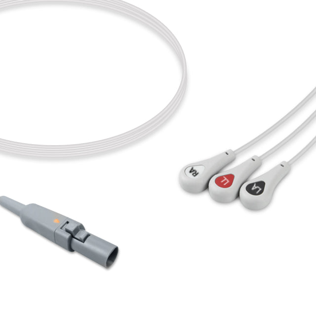 Cardell One-Piece ECG Cable, 3 lead, Snap, 2.5m+1.5m, AHA, Reusable