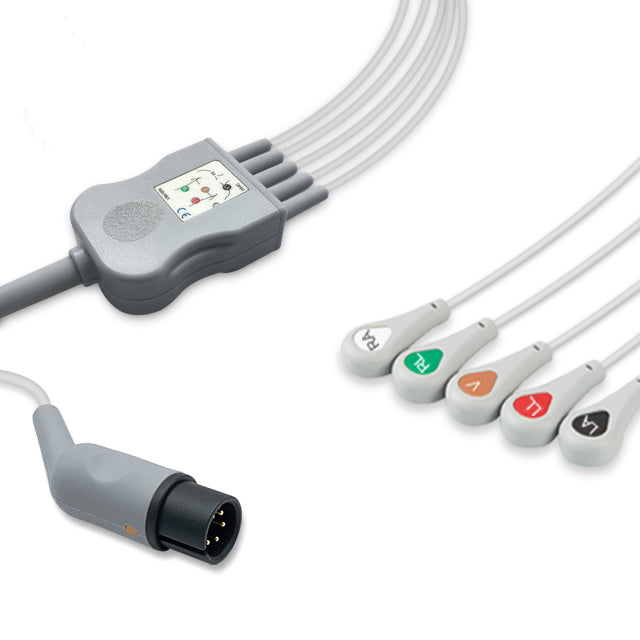 Criticare One-Piece ECG Cable 1075/S, 5 lead, Snap, 2.5m+1.5m, AHA, Reusable