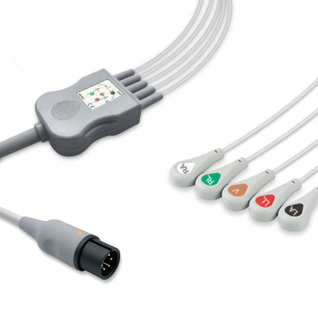 Criticare One-Piece ECG Cable 854, 5 lead, Snap, 2.5m+1.5m, AHA, Reusable