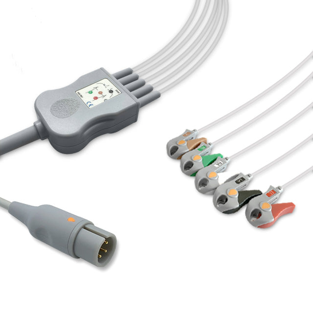 AAMI One-Piece ECG Cable, 5 lead, Grabber, 2.5m+1.5m, With Resistance, AHA, Reusable