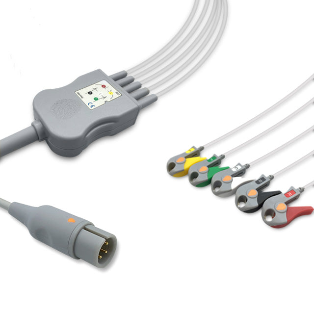 AAMI One-Piece ECG Cable, 5 lead, Grabber, 2.5m+1.5m, With Resistance, IEC, Reusable