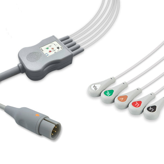 AAMI One-Piece ECG Cable, 5 lead, Snap, 2.5m+1.5m, With Resistance, AHA, Reusable