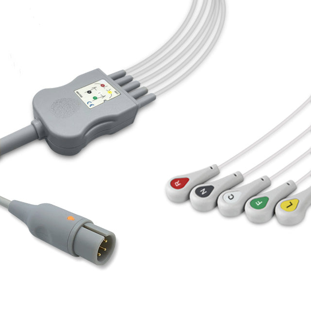 AAMI One-Piece ECG Cable, 5 lead, Snap, 2.5m+1.5m, With Resistance, IEC, Reusable