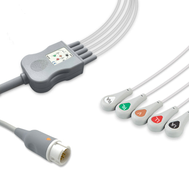 Philips One-Piece ECG Cable, 5 lead, Snap, 2.5m+1.5m, With Resistance, AHA, Reusable