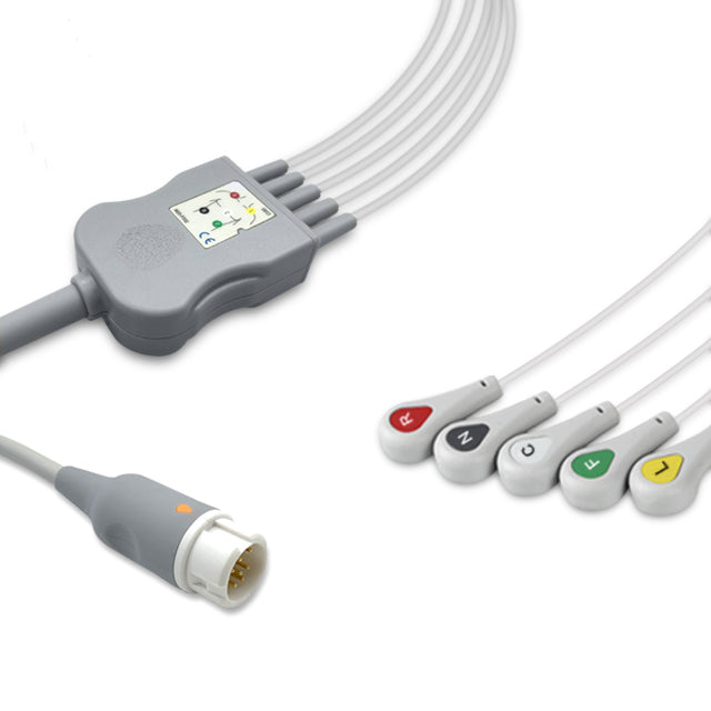 Philips One-Piece ECG Cable M1986A, 5 lead, Snap, 2.5m+1.5m, With Resistance, IEC, Reusable