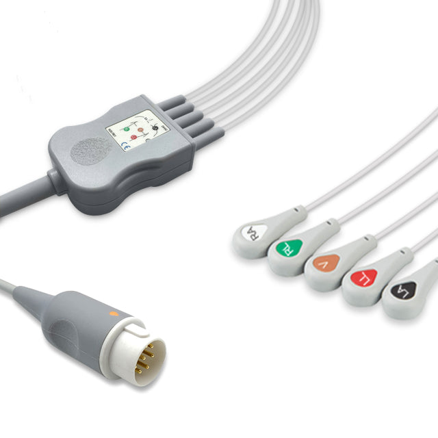 Philips One-Piece ECG Cable M1734A, 5 lead, Snap, 2.5m+1.5m, With Resistance, AHA, Reusable