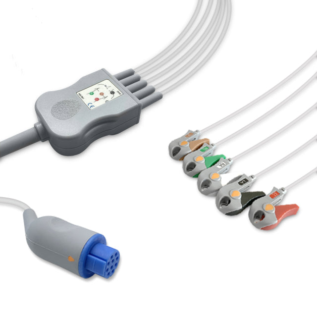 Datex One-Piece ECG Cable, 5 lead, Grabber, 2.5m+1.5m, With Resistance, AHA, Reusable