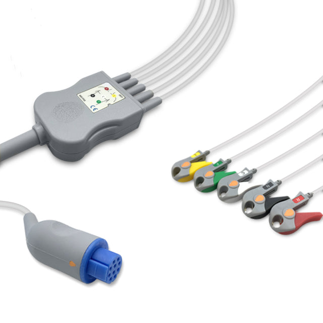 Datex One-Piece ECG Cable, 5 lead, Grabber, 2.5m+1.5m, With Resistance, IEC, Reusable