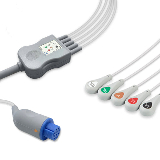 Datex One-Piece ECG Cable, 5 lead, Snap, 2.5m+1.5m, With Resistance, AHA, Reusable