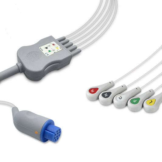 Datex One-Piece ECG Cable, 5 lead, Snap, 2.5m+1.5m, With Resistance, IEC, Reusable