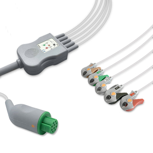 Datex One-Piece ECG Cable, 5 lead, Grabber, 2.5m+1.5m, AHA, Reusable