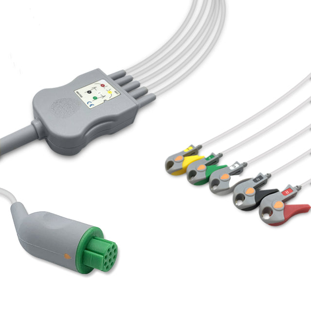 Datex One-Piece ECG Cable, 5 lead, Grabber, 2.5m+1.5m, IEC, Reusable