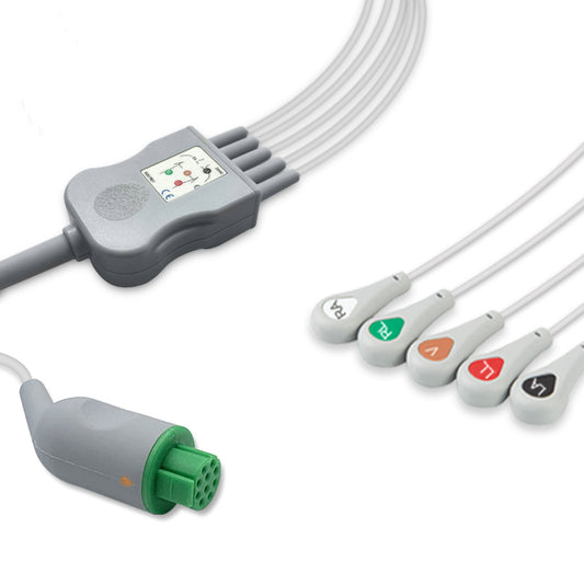 Datex One-Piece ECG Cable, 5 lead, Snap, 2.5m+1.5m, AHA, Reusable