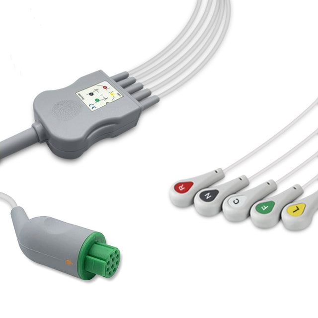 Datex One-Piece ECG Cable, 5 lead, Snap, 2.5m+1.5m, IEC, Reusable