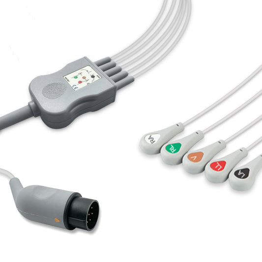 Nihon Kohden One-Piece ECG Cable, 5 lead, Snap, 2.5m+1.5m, With Resistance, AHA, Reusable