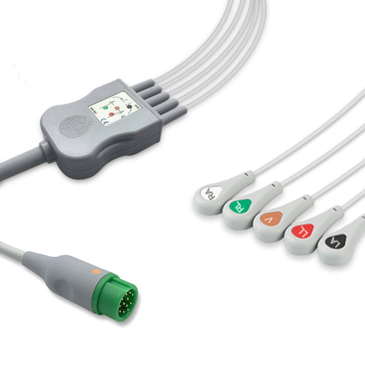 Datascope One-Piece ECG Cable 040-000961-00, 5 lead, Snap, 2.5m+1.5m, AHA, Reusable