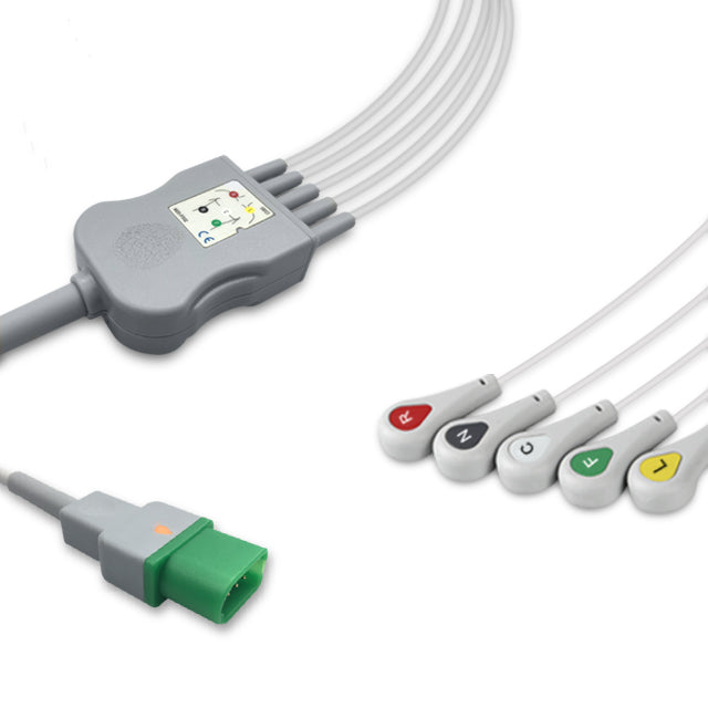 Datascope One-Piece ECG Cable, 5 lead, Snap, 2.5m+1.5m, With Resistance, IEC, Reusable