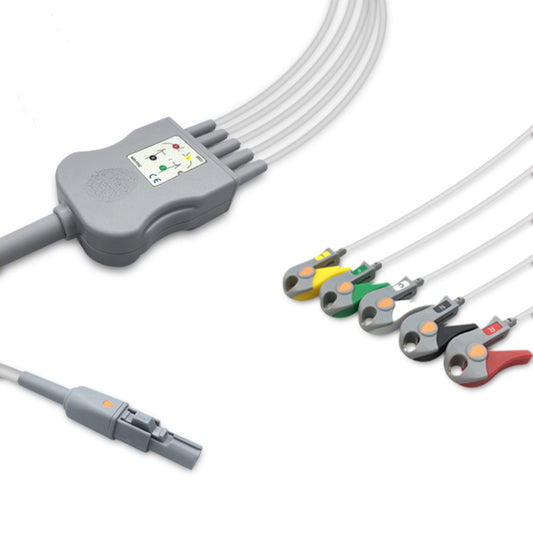 One-Piece ECG Cable, 5 lead, Grabber, 2.5m+1.5m, With Resistance, IEC, Reusable