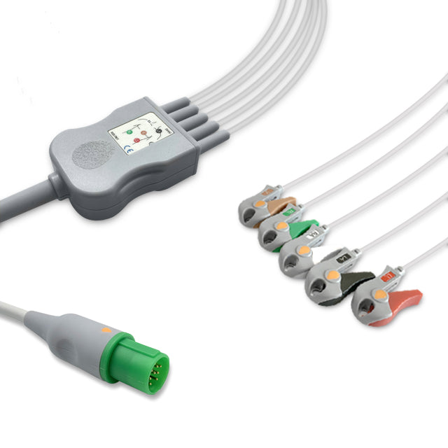 Hellige One-Piece ECG Cable, 5 lead, Grabber, 2.5m+1.5m, With Resistance, AHA, Reusable